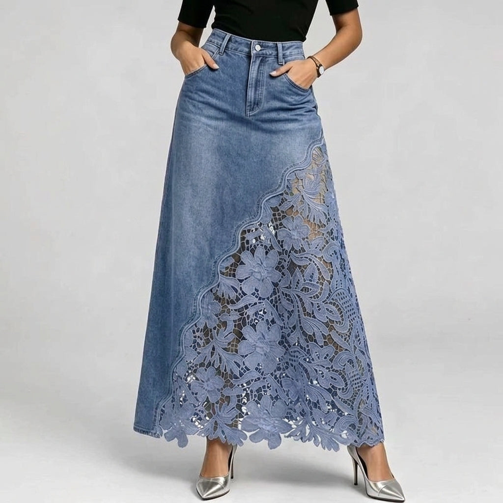 Fenne Spijkerrok — Lange Denim Rok met Kant