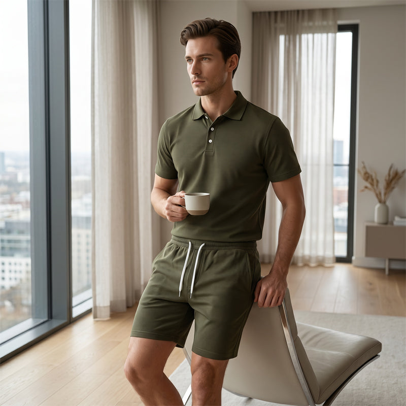 Zomerse tweedelige set voor heren, bestaande uit een polo en een korte broek