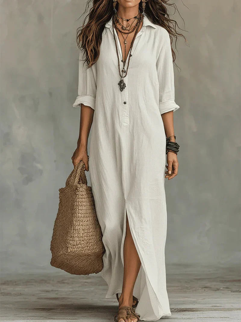 Maverno® | Luchtige Maxi-jurk met kraag en knoopdetail