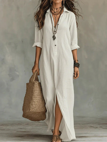 Maverno® | Luchtige Maxi-jurk met kraag en knoopdetail
