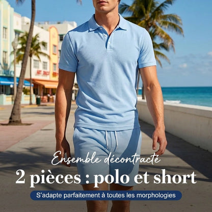 Zomerse tweedelige set voor heren, bestaande uit een polo en een korte broek