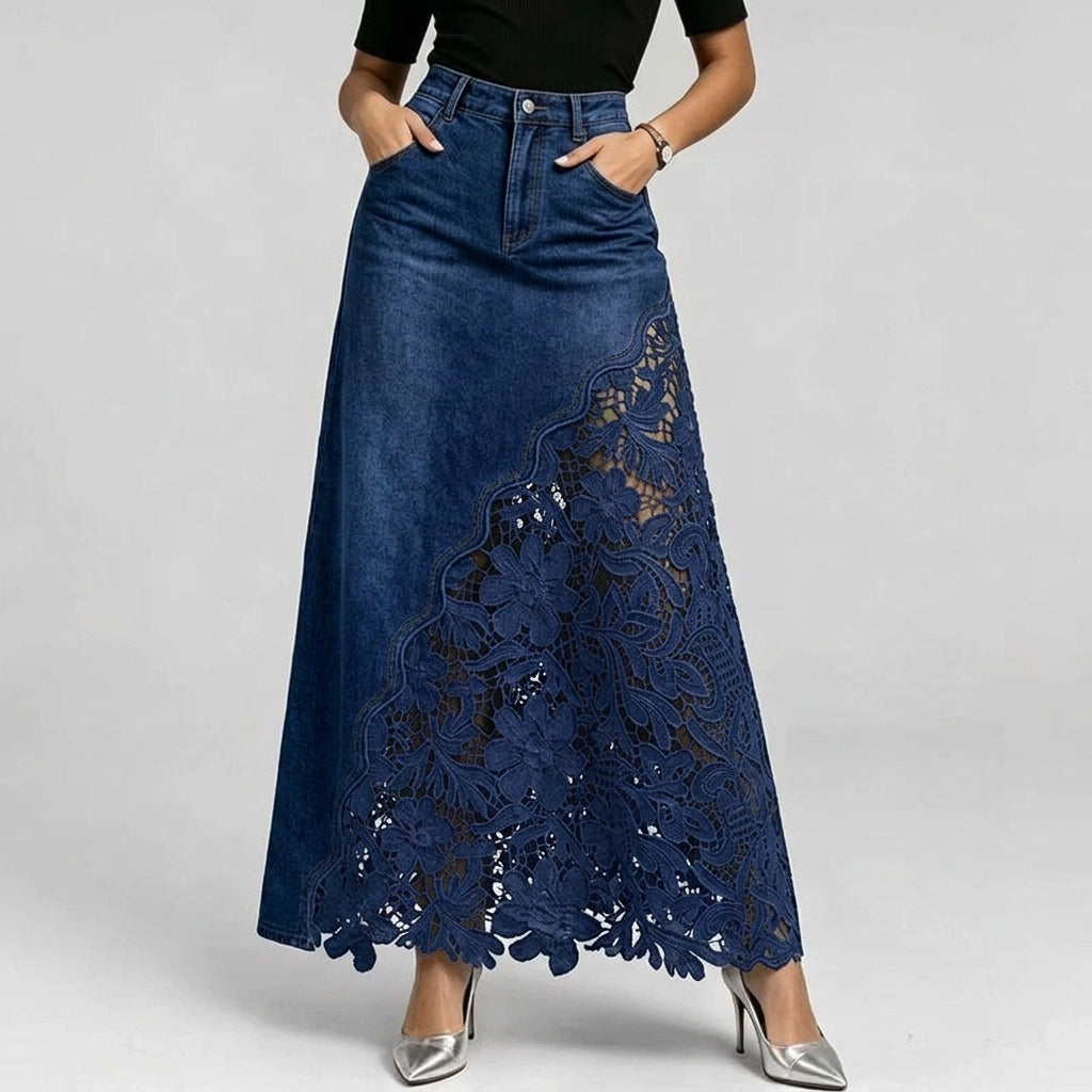 Fenne Spijkerrok — Lange Denim Rok met Kant