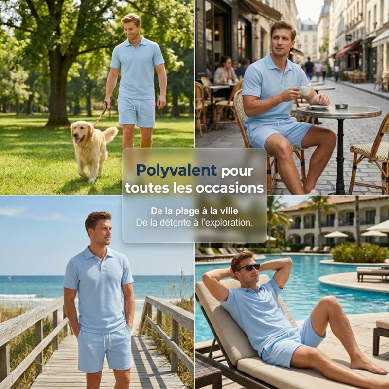 Zomerse tweedelige set voor heren, bestaande uit een polo en een korte broek