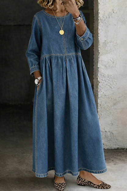 Maverno™ Elodie | Wijde Maxi Jurk met Denimlook