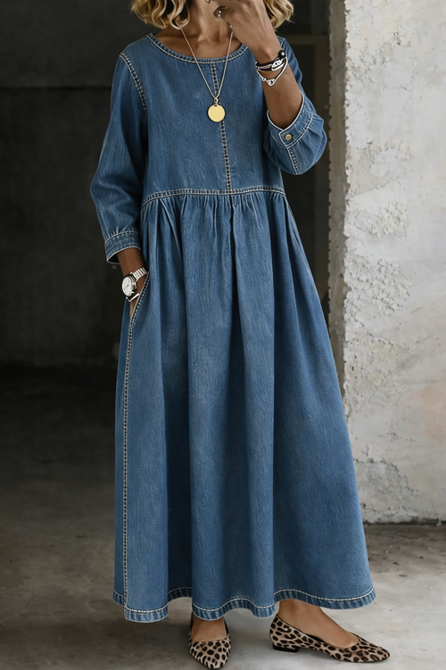 Maverno™ Elodie | Wijde Maxi Jurk met Denimlook
