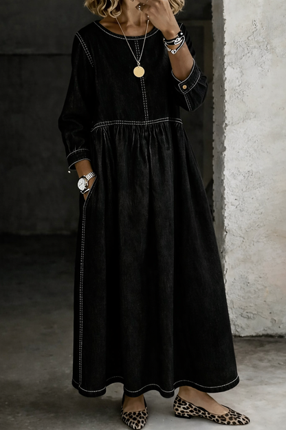 Maverno™ Elodie | Wijde Maxi Jurk met Denimlook