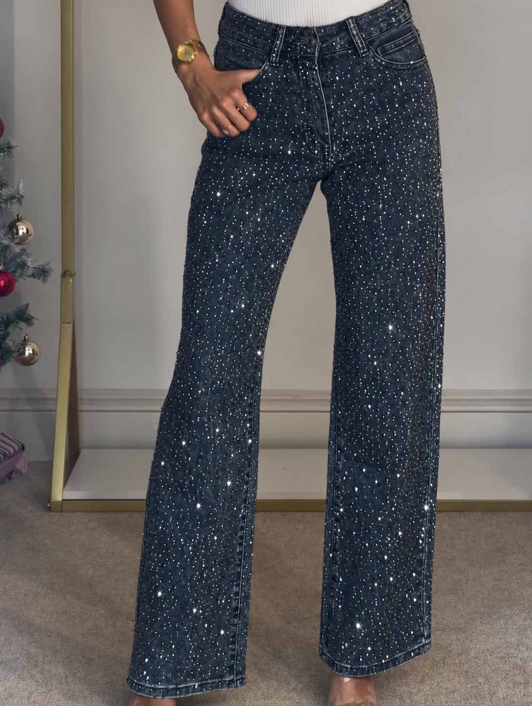 Maverno™ Estelle – Glitterjeans met Wijde Pijpen