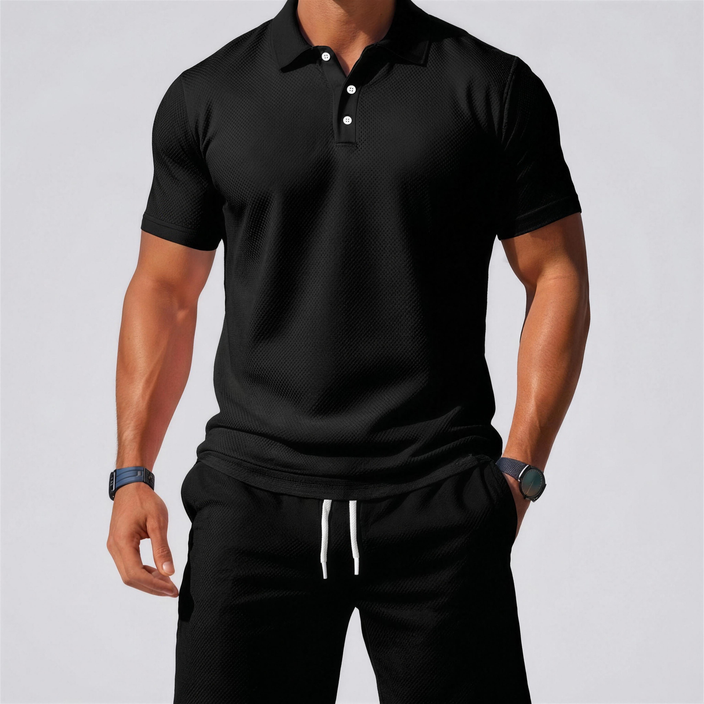 Zomerse tweedelige set voor heren, bestaande uit een polo en een korte broek