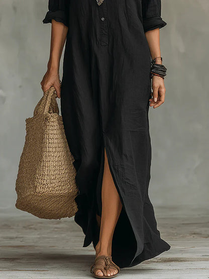 Maverno® | Luchtige Maxi-jurk met kraag en knoopdetail