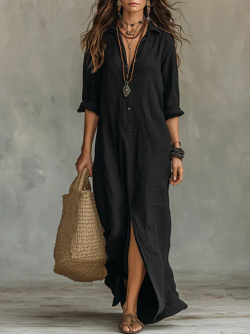 Maverno® | Luchtige Maxi-jurk met kraag en knoopdetail