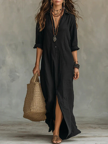 Maverno® | Luchtige Maxi-jurk met kraag en knoopdetail