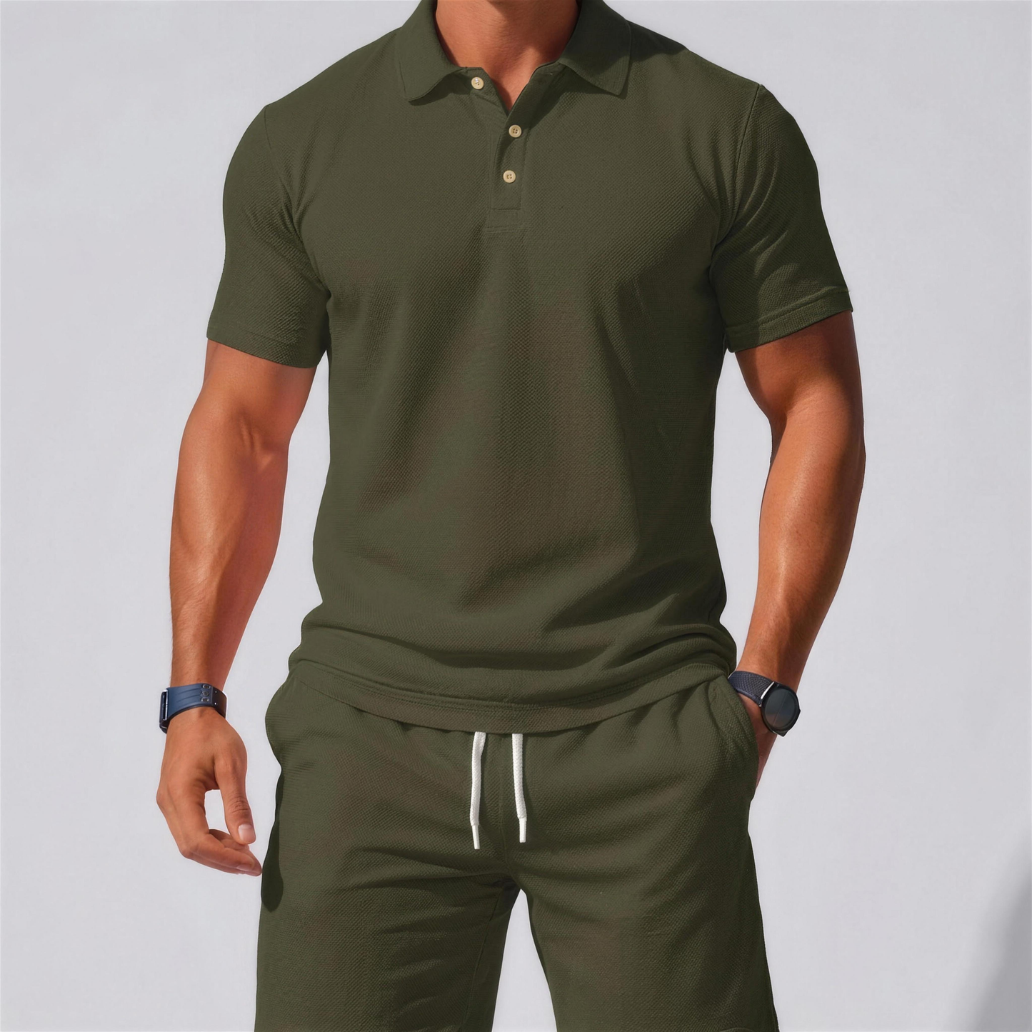 Zomerse tweedelige set voor heren, bestaande uit een polo en een korte broek