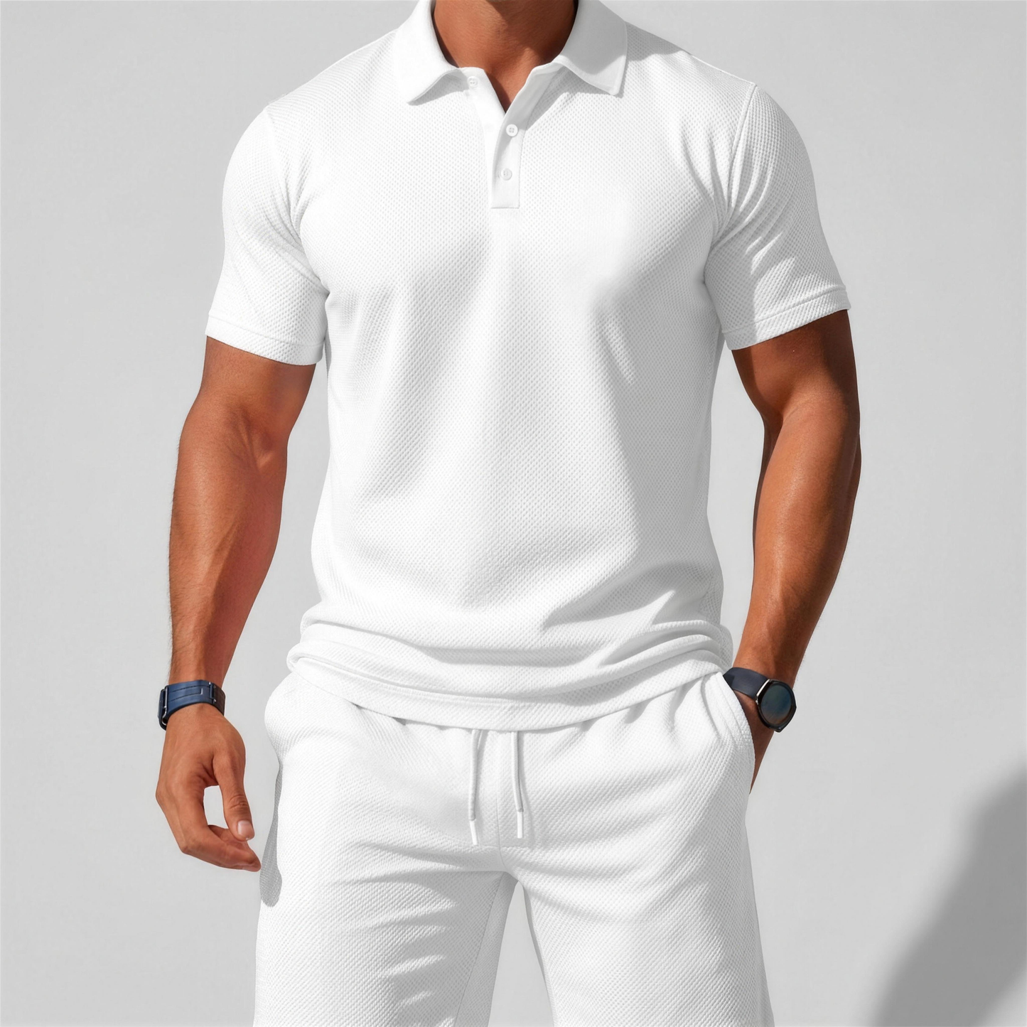 Zomerse tweedelige set voor heren, bestaande uit een polo en een korte broek