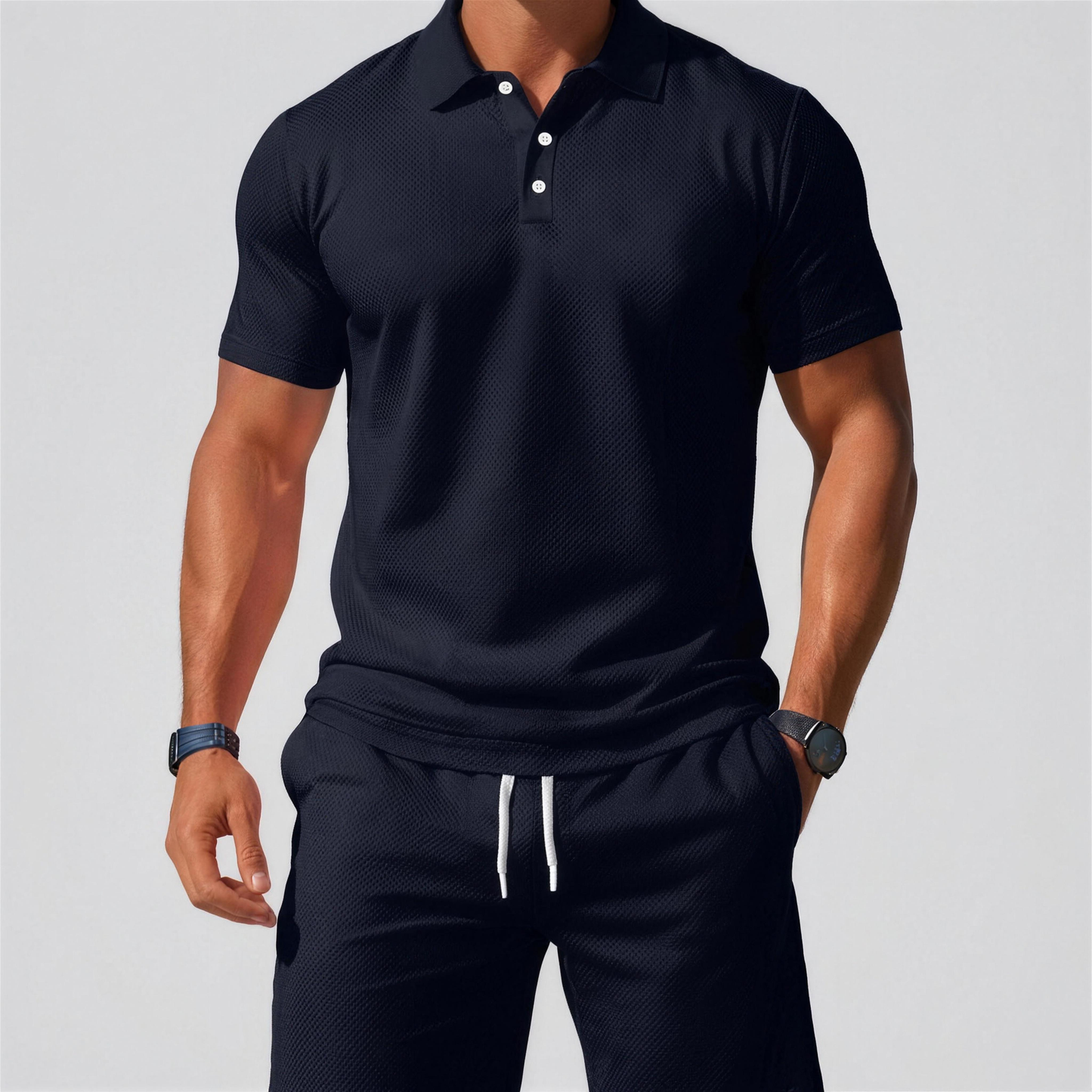 Zomerse tweedelige set voor heren, bestaande uit een polo en een korte broek