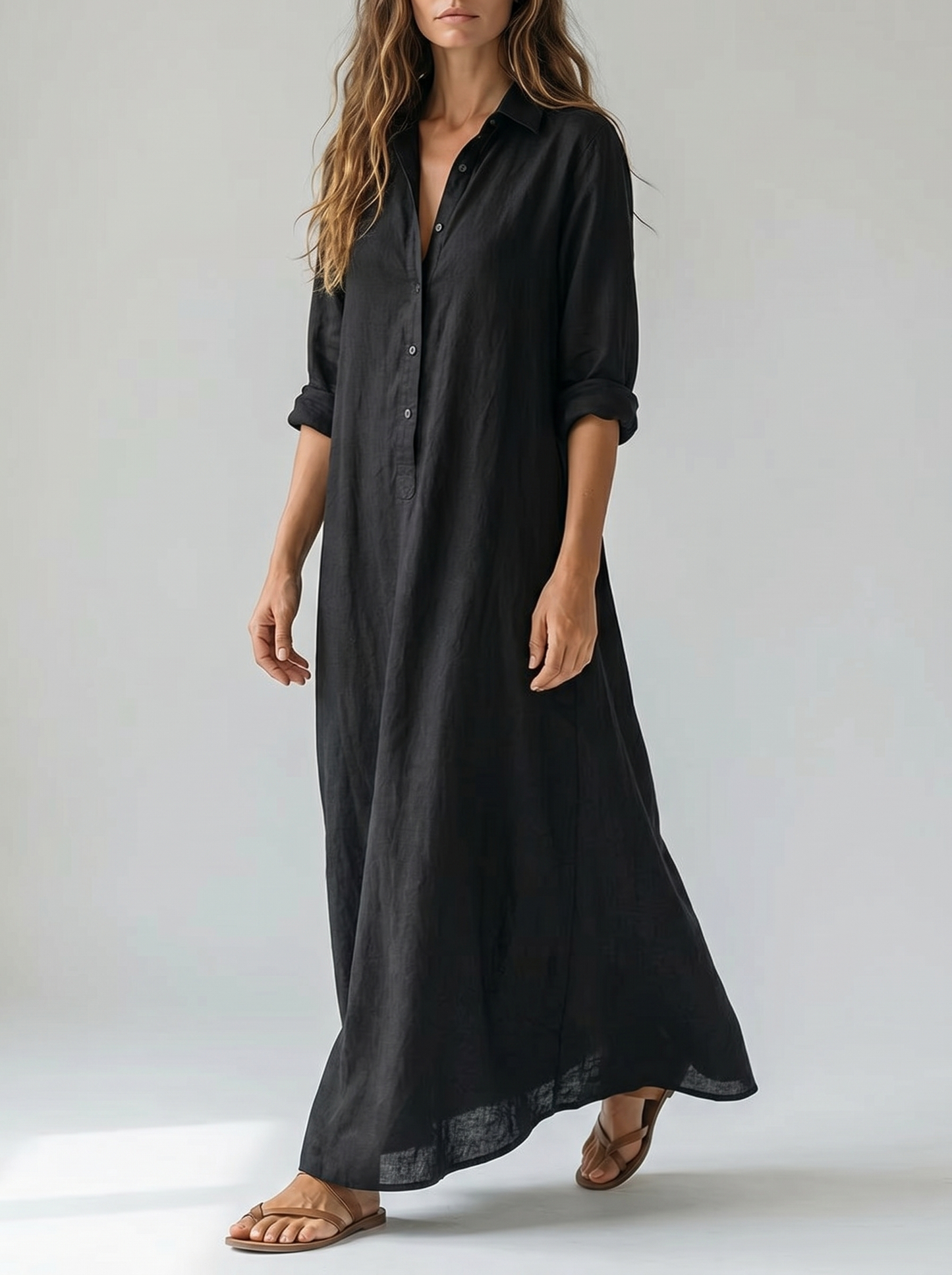 Maverno® | Luchtige Maxi-jurk met kraag en knoopdetail