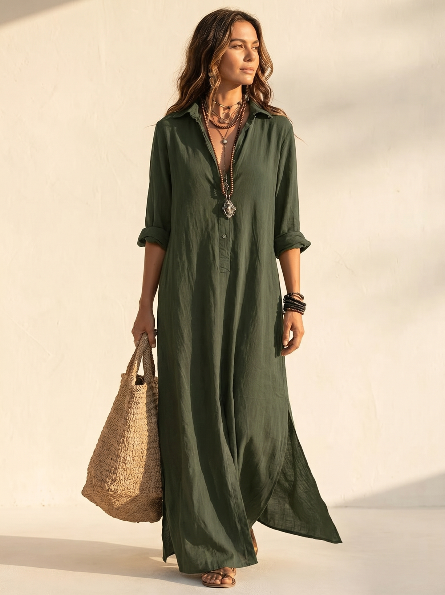 Maverno® | Luchtige Maxi-jurk met kraag en knoopdetail