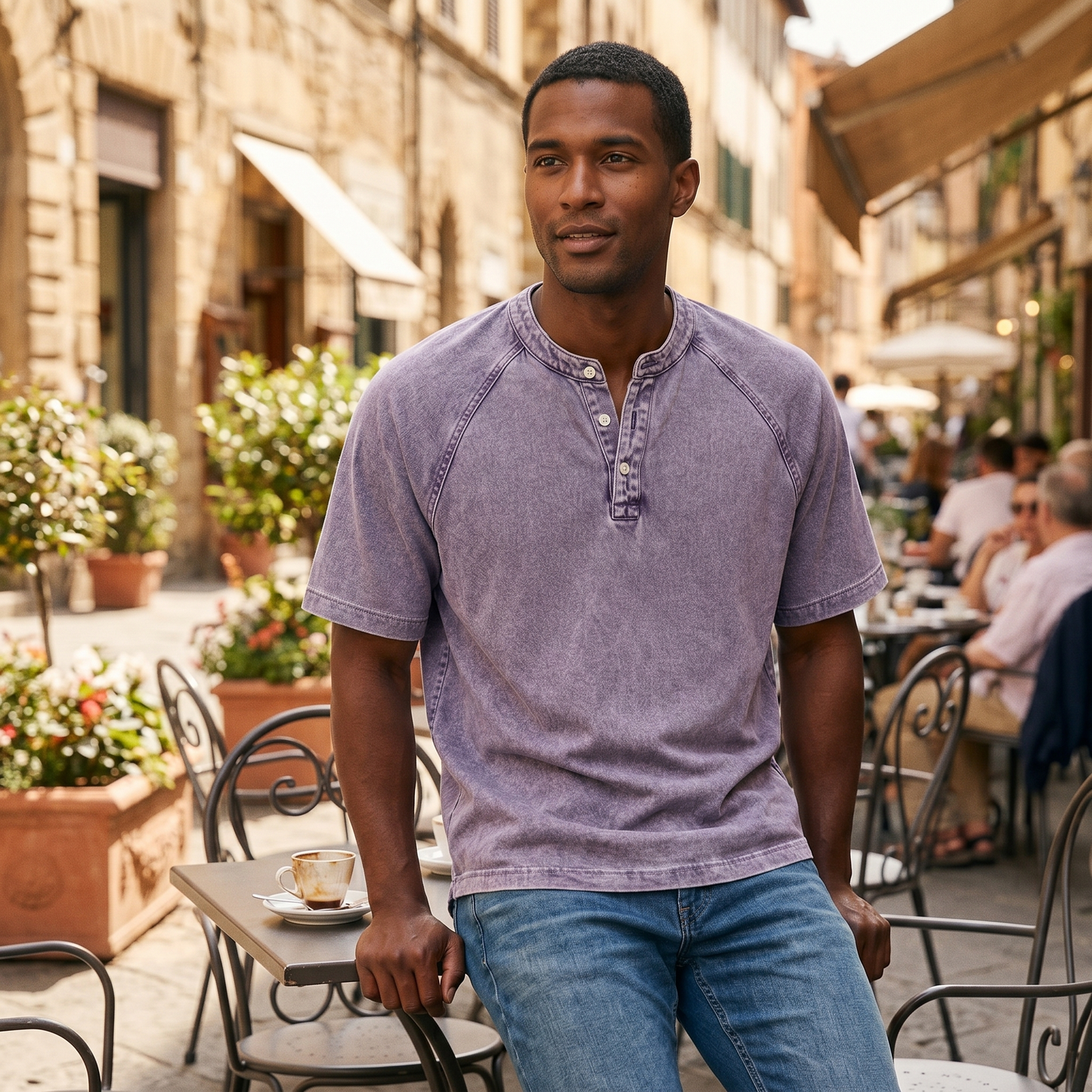 Vintage washed henley shirt voor heren — korte mouw met knoopsluiting