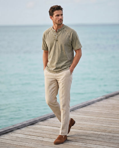 Vintage washed henley shirt voor heren — korte mouw met knoopsluiting