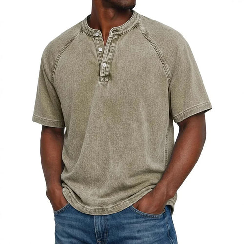 Vintage washed henley shirt voor heren — korte mouw met knoopsluiting